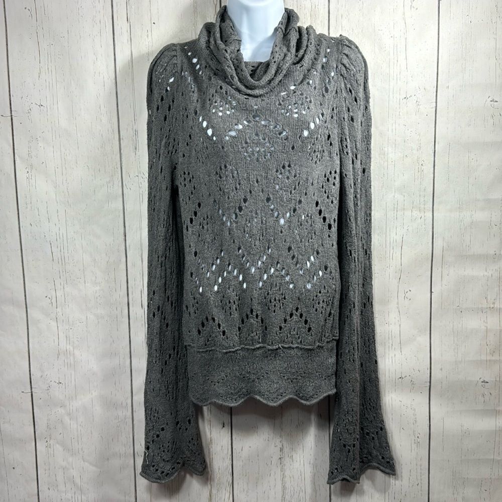 Free People Cowl Neck Gray Bell Sleeve Crochet Shoot From The Heart Sweater